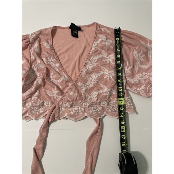Liv Los Angeles Medium Tie Top Puff Sleeve M Pink Crop Top - Picture 6 of 10
